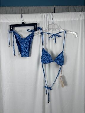 Cabana del Sol Blue Patterned String Bikini Set XS Bottom Small Top